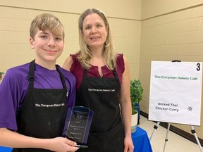 Longtime European Bakery Cafe employee Sherra Westerveld and her son Logan Morrison with the people's choice award from the Alzheimer Society Grey-Bruce's Soup's On fundraiser at the Harry Lumley Bayshore Community Centre. More than 500 people came out and enjoyed the 21 varieties of soup from 11 different vendors. European Bakery Cafe's entry, Wicked Thai Chicken Curry made by Mamma's Meals chef Joanne Cameron, captured the people's choice award.
