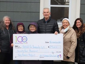 100 Women Who Care Grey Bruce donates $24,000 to Habitat for Humanity Grey Bruce for their tiny homes project on Saugeen First Nation. From left are Marilyn Grahame, Maurine Gillberry, Lynda Legge, Habitat for Humanity Grey Bruce Executive Director Greg Fryer, Shirley Underwood, and Habitat for Humanity Grey Bruce Partnerships Manager Lisa Campbell.