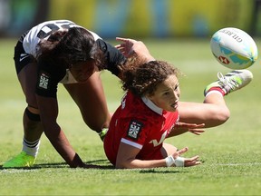 Breanne Nicholas of Canada in action during the seventh-place match against Fiji at the 2024 Perth SVNS women's tournament at HBF Park on Jan. 28, 2024, in Perth, Australia. (Paul Kane/Getty Images)