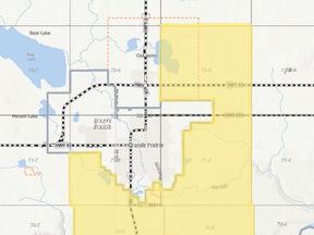 Map of areas County of Grande Prairie assessors will focus on, including the town of Sexsmith.