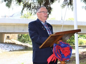 Arran-Elderslie councillor, mayor and Bruce County warden Ron Oswald speaks at the bridge naming ceremony in Riverside Park in Chesley in 2019. The bridge was named the Oswald Bridge in recognition of the generations of the Oswald family's dedication to the community. JANE KENT