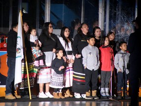 Singers perform the national anthem on Indigenous Night before an OHL game at Sudbury Community Arena in Sudbury, Ontario on Saturday, January 6, 2023.