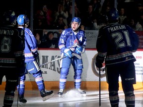 Sudbury Wolves defenceman Andre Anania (78) celebrates his goal with his teammates during an OHL game against the Kitchener Rangers at Sudbury Community Arena in Sudbury, Ontario on Saturday, January 6, 2023.