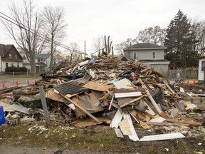 A mound of rubble is all that is left of a two-storey apartment building at 68 Hiawatha St. in St. Thomas after it was demolished on Monday, Jan. 8, 2024. (Mike Hensen/The London Free Press)