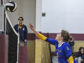 Emily Woods of the BCI Mustangs watches her spike go over the net during an AABHN high school senior girls volleyball game against the Pauline Johnson Thunderbirds on Thursday January 11, 2024 in Brantford, Ontario. Brian Thompson/Brantford Expositor/Postmedia Network