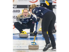 The Woodstock Curling Centre's Hollie Duncan yells words of encouragement to Tess Guyatt in a match against Toronto's High Park Club at the 2024 Ontario Scotties Tankard at the FlightExec Centre in Dorchester on Tuesday, Jan. 23, 2024. The tournament wraps up on Sunday. (Derek Ruttan/The London Free Press)