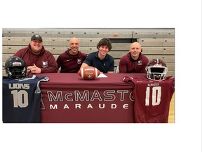 Welcoming Cole Vonlukawiecki to the Mauraders are (left to right) offensive line/recruiting coach Chris Hopkins, head coach Stefan Ptaszek and defensive co-ordinator Scott Brady.