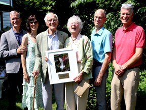 A celebration of life will be held for Douglas Mackintosh at the Firehall Theatre, 185 South Street in Gananoque on Saturday, February 3, from 3-5 p.m. The Mackintosh family when Douglas and Blu received the Environment and Climate Change Canada's Sesquicentennial Award for being defenders of ecology through the conservation easement on their land. L-r, Graham Mackintosh, Kristen Mackintosh, Douglas Mackintosh, Blu Mackintosh, David Mackintosh and James Mackintosh. Lorraine Payette/for Postmedia Network