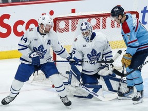 Winnipeg Jets' Vladislav Namestnikov (7) looks on as Dylan Samberg's shot gets past Toronto Maple Leafs goaltender Ilya Samsonov (35) during first period of Saturday's 4-2 Jets loss. Jets has only scored 11 goals in the last seven games, six without Mark Schiefele.