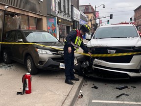 The damaged caused by a collision in Napanee, Ont., on Tuesday, January 2, 2024. An 87-year-old has been charged with careless driving.