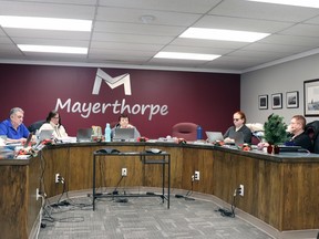 Mayerthorpe councillors (l-r) Pat Burns, Becky Wells, Mayor Janet Jabush, Esther Sonnenberg and Anna Greenwood discussed council size and emission reductions on Jan. 8.