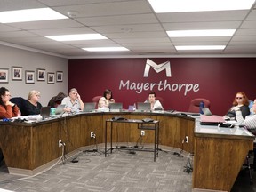 At Mayerthorpe council (l-r), Acting CAO Karen St. Martin and councillors Sandy Morton, Pat Burns, Becky Wells, Mayor Janet Jabush, Esther Sonnenberg and Anna Greenwood discussed a Borrowing Bylaw and town finances.