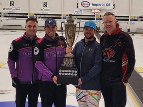 Skip Mark Bice, left, Codey Maus, Drew Davey and Jonathan Doan celebrate their win in the Imperial Oil bonspiel at the Sarnia Golf and Curling Club in Sarnia, Ont., on Sunday, Jan. 28, 2024. (Supplied Photo)