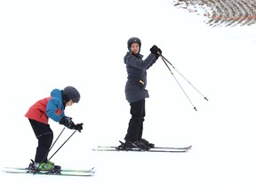 Beth Valente and her son, Oliver, 10, hit the slopes at Adanac Ski Hill in Sudbury, Ont. on Tuesday January 2, 2024.