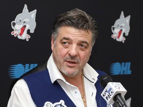 Dario Zulich, owner of the Sudbury Wolves, makes a point at a media conference at the Sudbury Community Arena in Sudbury, Ont. on Thursday January 4, 2024. The Sudbury Wolves partnered with the Shkagamik-Kwe Health Centre to unveil an Indigenous designed themed jersey ahead of Saturday's game against the Kitchener Rangers in support of Indigenous Youth in Sport and Mental Wellness.
