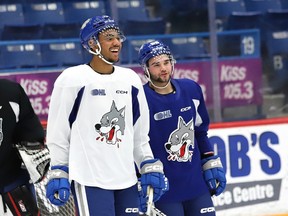 Newly acquired players Donovan McCoy, left, and Zacharie Giroux take part in a Sudbury Wolves practice at the Sudbury Community Arena in Sudbury, Ont. on Tuesday January 9, 2024.