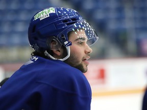 Newly acquired Sudbury native, Zacharie Giroux, formerly of the Flint Firebirds, takes part in a Sudbury Wolves practice at the Sudbury Community Arena in Sudbury, Ont. on Tuesday January 9, 2024.