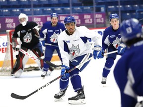 Newly acquired 19-year-old defenceman Donovan McCoy, formerly of the Peterborough Petes, takes part in a Sudbury Wolves practice at the Sudbury Community Arena in Sudbury, Ont. on Tuesday January 9, 2024.