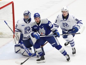 Zacharie Giroux, middle, of the Sudbury Wolves, hovers in front of Ryerson Leenders, of the Mississauga Steelheads, while Reed Gee, of the Steelheads, attempts to shove Giroux away from the crease during OHL action at the Sudbury Community Arena in Sudbury, Ont. on Wednesday January 10, 2024.