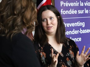 Jacqueline Villeneuve-Ahmed, founder and director of She Matters, was on hand for an announcement to support organizations to prevent and address gender-based violence at a media conference at Tom Davies Square in Sudbury, Ont. on Thursday January 11, 2024.