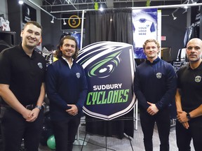Assistant coach Evan Phillips, left, players Michael Marcantognini and Jack Collins, and head coach Giuseppe Politi were introduced at a media conference for the Sudbury Cyclones soccer club in Sudbury, Ont. on Wednesday January 24, 2024.