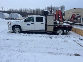 White truck stolen early morning of Jan. 15, 2024 in Peace River. Photo provided by RCMP.