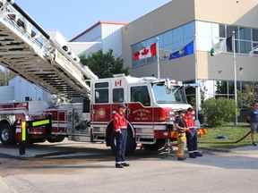 Whitecourt Fire Department members demonstrated Tower 1 in 2023. The apparatus will not be in use in Woodlands County in 2024, the county decided.