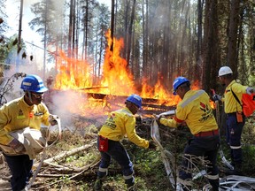South African firefighters responded to an Edson-area wildfire in 2023. The town is applying to the province for an advance reimbursement of half of $1.3 million in wildfire costs and half of $1 million in flood costs.