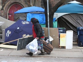 A homeless encampment beside St. Stephen-In-The-Fields Anglican Church in Toronto is shown in November, 2023.