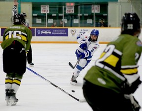 Greater Sudbury Cubs defenceman Cole Quevillon (6) takes a shot during NOJHL action against the Powassan Voodoos at Gerry McCrory Countryside Sports Complex in Sudbury, Ontario on Thursday, February 1, 2024.