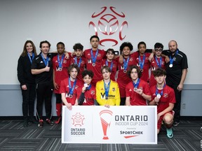 Members of the GSSC Impact team that won silver at the Indoor Ontario Cup pose for a photo.