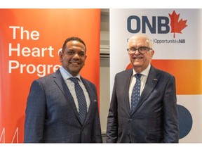 Kyndryl Canada president Farhaz Thobani, and Post-Secondary Education, Training and Labour Minister Greg Turner, who is also minister responsible for Opportunities NB.