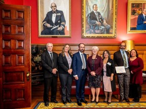 Buxton's 100th anniversary of Homecoming was recently recognized during the Lieutenant Governor’s Ontario Heritage Awards for excellence in conservation. From left are Bryan Prince, Shannon Paiva, Ontario Heritage Trust board chair John Ecker, Lt.-Gov. Edith Dumont, Shannon Prince, Michael Shreve and Michelle Robbins. (Dahlia Katz/Supplied)