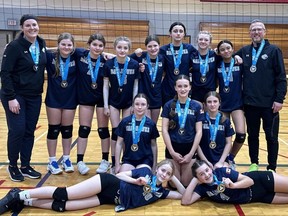 The Chatham 13U Ballhawks Fierce won silver medals at the Ontario Volleyball Association’s McGregor Cup-Championship A tournament in Dresden. The Ballhawks are, front row, Ashley Graham and Claire Perini. Middle row, Hannah Heinhuis, Amelia Kearney and Vienna Magliaro. Back row, coach Amanda Leidl, Ava Sonneveld, Katelyn Maillet, Rylynn Bossence, Hannah Leidl, Willow Sparling, Sarah Buchanan, Gabriella Pascual and coach Tim Leidl. (Supplied Photo)