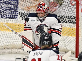 Emma Gorski of Wallaceburg, Ont., makes a save for Robert Morris against Penn State in an NCAA women’s hockey game Feb. 10, 2024. (Robert Morris Colonials Photo)