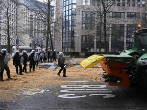 Demonstrators throw manure onto Belgian riot police officers