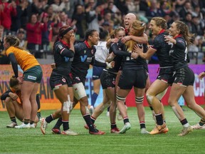 Canada's women's team celebrates a win against Australia for a third-place finish at the HSBC World Rugby Sevens Series at BC Place on Feb. 25, 2024, in Vancouver. (Christopher Morris/Getty Images)