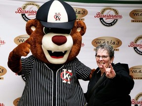 Chatham-Kent Barnstormers mascot Lefty greets fans after being introduced at the Chatham Minor Baseball Association field house at Rotary Park in Chatham, Ont., on Saturday, Feb. 10, 2024. (Mark Malone/Chatham Daily News)