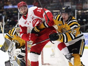 Sarnia Sting's Hughston Hurt (72) checks Soo Greyhounds' Jacob Frasca (15) in the second period at Progressive Auto Sales Arena in Sarnia, Ont., on Monday, Feb. 19, 2024. Mark Malone/Chatham Daily News/Postmedia Network