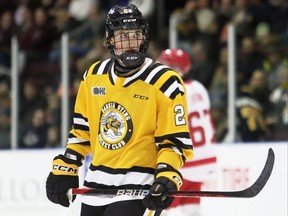 Sarnia Sting's Matthew Andersen (21) makes his OHL debut against the Soo Greyhounds at Progressive Auto Sales Arena in Sarnia, Ont., on Monday, Feb. 19, 2024. Mark Malone/Chatham Daily News/Postmedia Network