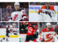 Clockwise from top left: Michael McLeod of the New Jersey Devils; Carter Hart of the Philadelphia Flyers; Dillon Dube of the Calgary Flames; Cal Foote of the New Jersey Devils; Alex Formenton, formerly of the Ottawa Senators.