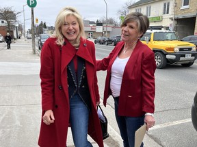 Ontario Liberal Leader Bonnie Crombie greets new Lambton-Kent-Middlesex Liberal candidate Cathy Burghardt-Jesson on Sunday Feb. 11, 2024 as Burghardt-Jesson, the three-term mayor of Lucan, launched her campaign for the vacant provincial seat. (Jennifer Bieman/The London Free Press)