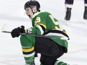 Oliver Bonk of the London Knights celebrates after scoring against the Saginaw Spirit in the first period at Budweiser Gardens in London on Friday, Jan. 12, 2024. (Derek Ruttan/The London Free Press)