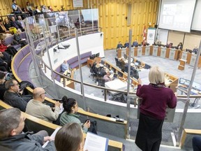 Maureen Cassidy, chief executive of Pillar Nonprofit, an agency that represents the city's non-profit sector, addresses London city council at a public input session ahead of city budget deliberations on Monday, Jan.  29, 2024. (Derek Ruttan/The London Free Press)