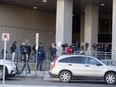 Members of the news media gathered at the London courthouse as the five professional hockey players accused of sexual assault were scheduled to make their first court appearance on Monday Feb. 5, 2024. None was present, and they were represented by lawyers. (Derek Ruttan/The London Free Press)