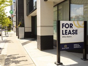 A 'for lease' sign is shown outside an office building in downtown London on Monday, July 10, 2023. (Mike Hensen/The London Free Press)