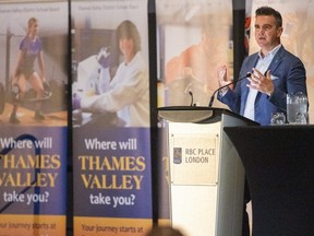 Mark Fisher, director of education for the Thames Valley District school board, addresses administrative staff, vice-principals and principals at a meeting at RBC Place in London on Tuesday, Aug. 29, 2023. (Mike Hensen/The London Free Press)