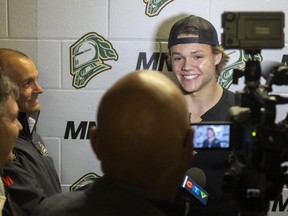 London Knights forward Easton Cowan speaks to local reporters after being returned to the OHL club by the Toronto Maple Leafs on Wednesday Oct. 11, 2023. (Mike Hensen/The London Free Press)
