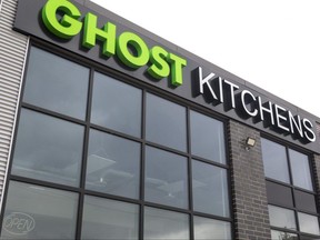 The sign of Ghost Kitchens is still up on Tuesday, Jan. 30, 2024, at the London Mall at 530 Oxford St. W. even though the restaurant is closed and a notice posted on the door by the landlord says the company owes more than $100,000 in unpaid rent. (Mike Hensen/The London Free Press)