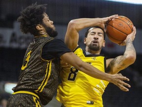 Rashad Smith of the London Lightning reacts after running into Kahlil Gracey of the Pontiac Pharaohs during their game at Budweiser Gardens in London on Wednesday February 7, 2024. (Mike Hensen/The London Free Press)